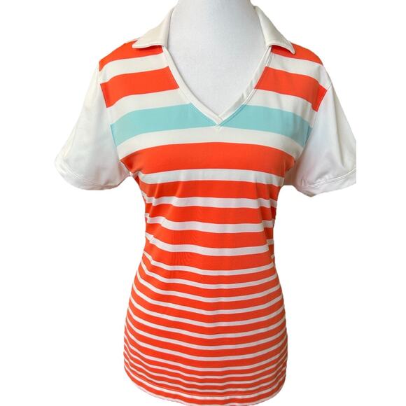 Nike Golf Polo Womens L Orange Striped Retro Tennis Preppy Casual Comfy Sporty - Picture 1 of 13